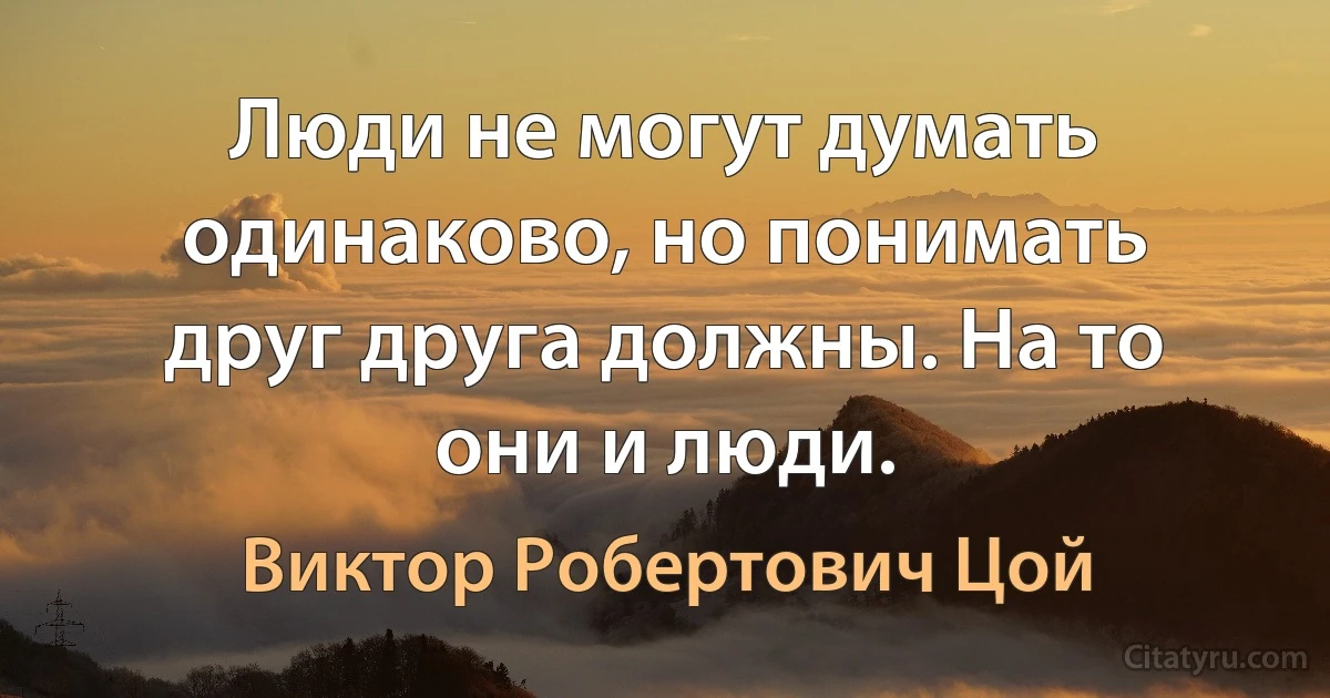 Люди не могут думать одинаково, но понимать друг друга должны. На то они и люди. (Виктор Робертович Цой)