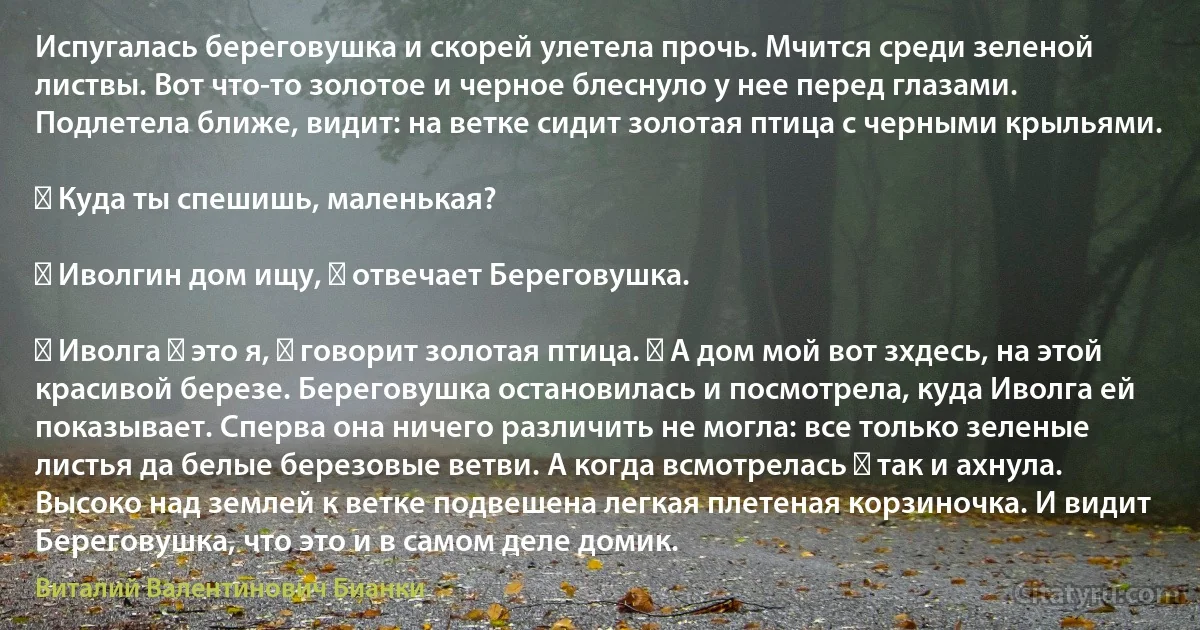 Испугалась береговушка и скорей улетела прочь. Мчится среди зеленой листвы. Вот что-то золотое и черное блеснуло у нее перед глазами. Подлетела ближе, видит: на ветке сидит золотая птица с черными крыльями.

― Куда ты спешишь, маленькая?

― Иволгин дом ищу, ― отвечает Береговушка.

― Иволга ― это я, ― говорит золотая птица. ― А дом мой вот зхдесь, на этой красивой березе. Береговушка остановилась и посмотрела, куда Иволга ей показывает. Сперва она ничего различить не могла: все только зеленые листья да белые березовые ветви. А когда всмотрелась ― так и ахнула. Высоко над землей к ветке подвешена легкая плетеная корзиночка. И видит Береговушка, что это и в самом деле домик. (Виталий Валентинович Бианки)