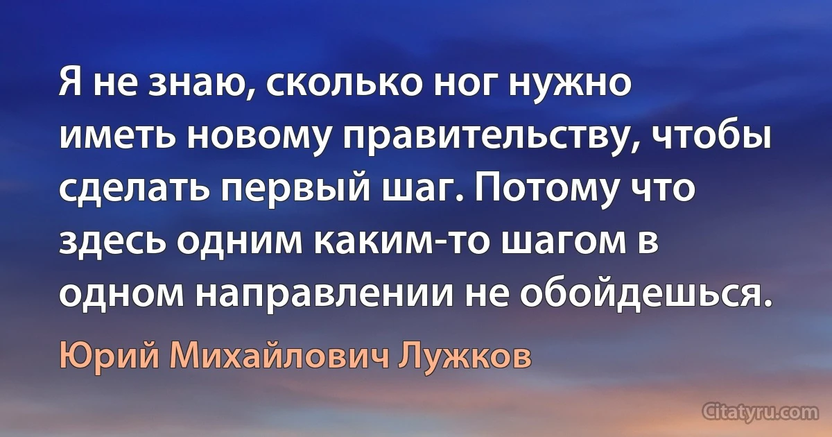 Я не знаю, сколько ног нужно иметь новому правительству, чтобы сделать первый шаг. Потому что здесь одним каким-то шагом в одном направлении не обойдешься. (Юрий Михайлович Лужков)