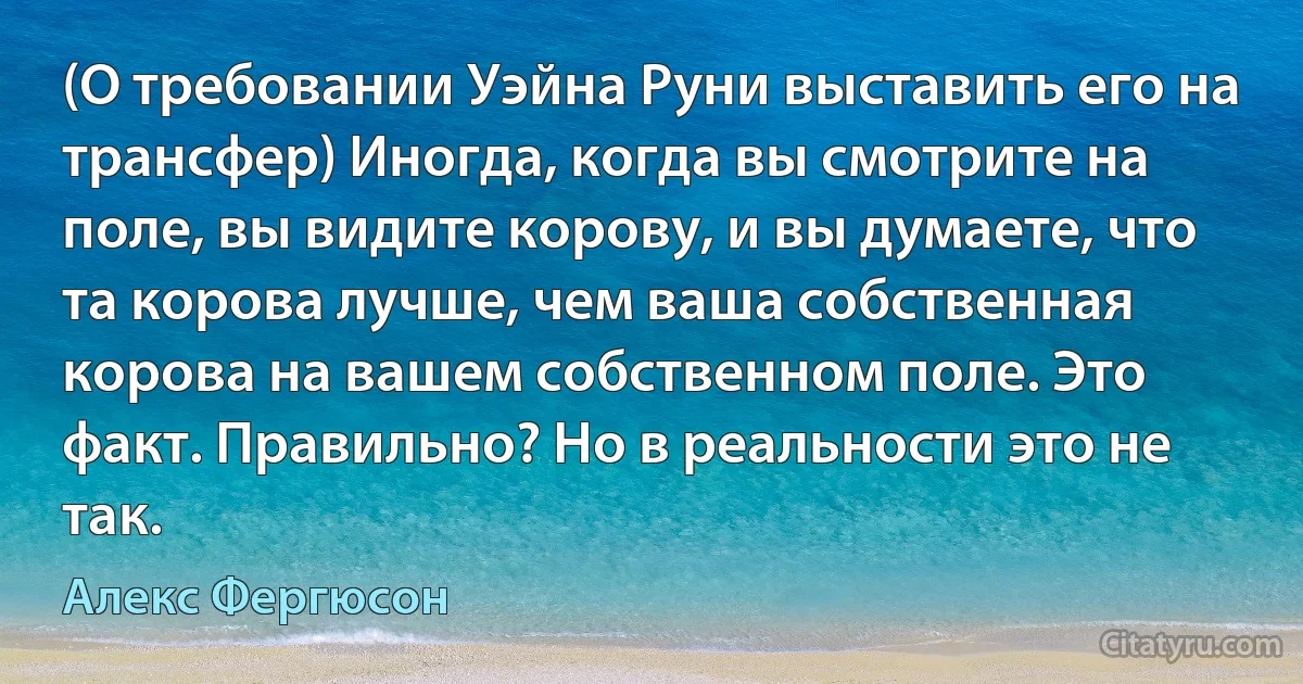 (О требовании Уэйна Руни выставить его на трансфер) Иногда, когда вы смотрите на поле, вы видите корову, и вы думаете, что та корова лучше, чем ваша собственная корова на вашем собственном поле. Это факт. Правильно? Но в реальности это не так. (Алекс Фергюсон)