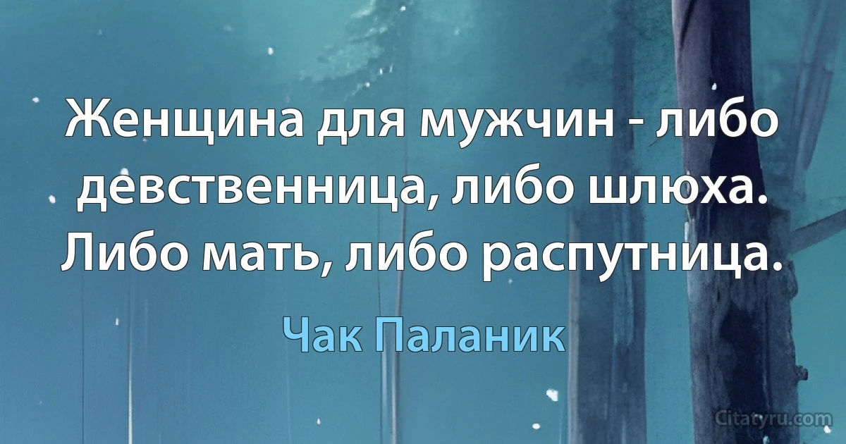 Женщина для мужчин - либо девственница, либо шлюха. Либо мать, либо распутница. (Чак Паланик)