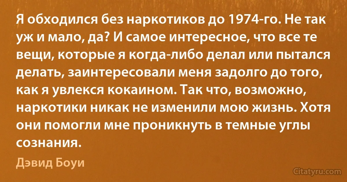 Я обходился без наркотиков до 1974-го. Не так уж и мало, да? И самое интересное, что все те вещи, которые я когда-либо делал или пытался делать, заинтересовали меня задолго до того, как я увлекся кокаином. Так что, возможно, наркотики никак не изменили мою жизнь. Хотя они помогли мне проникнуть в темные углы сознания. (Дэвид Боуи)