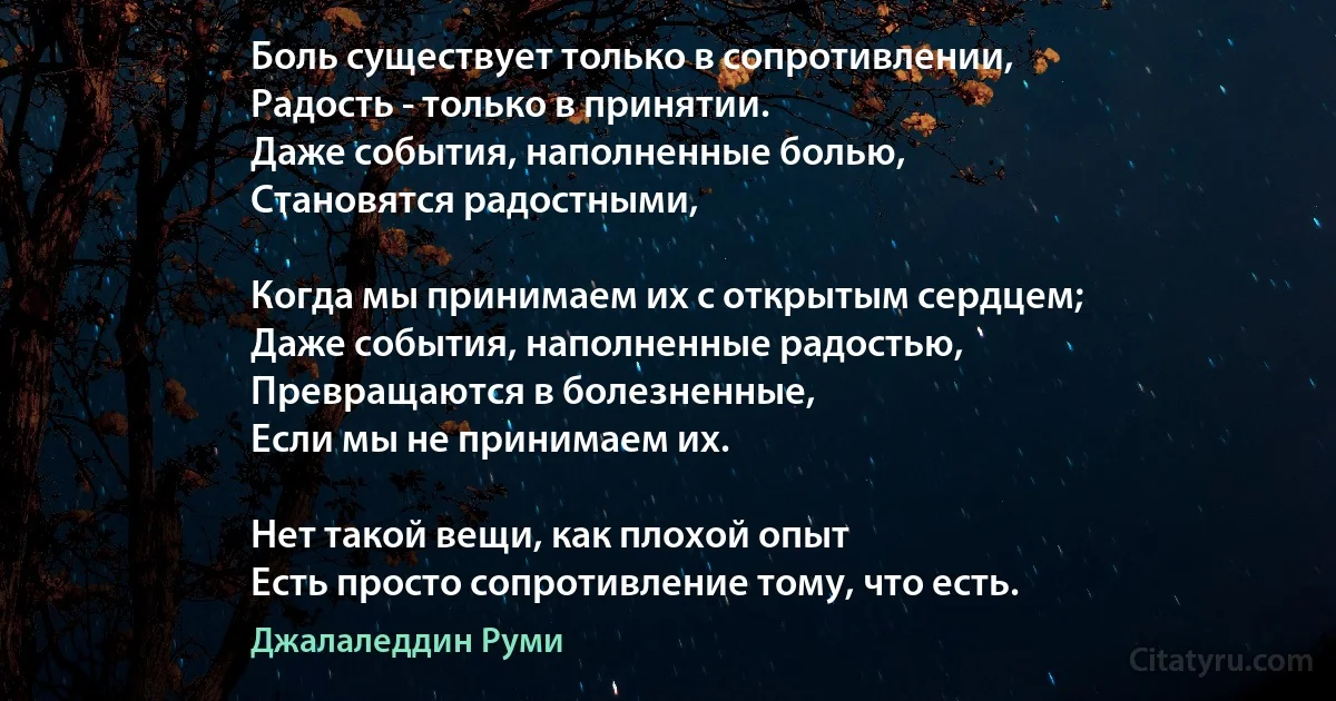 Боль существует только в сопротивлении, 
Радость - только в принятии. 
Даже события, наполненные болью, 
Становятся радостными, 

Когда мы принимаем их с открытым сердцем; 
Даже события, наполненные радостью, 
Превращаются в болезненные,
Если мы не принимаем их. 

Нет такой вещи, как плохой опыт 
Есть просто сопротивление тому, что есть. (Джалаледдин Руми)