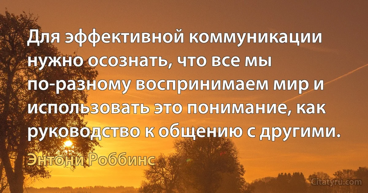 Для эффективной коммуникации нужно осознать, что все мы по-разному воспринимаем мир и использовать это понимание, как руководство к общению с другими. (Энтони Роббинс)