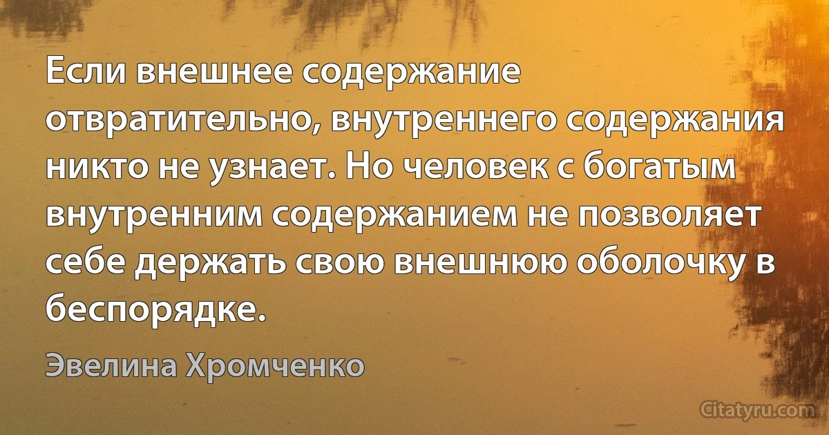 Если внешнее содержание отвратительно, внутреннего содержания никто не узнает. Но человек с богатым внутренним содержанием не позволяет себе держать свою внешнюю оболочку в беспорядке. (Эвелина Хромченко)