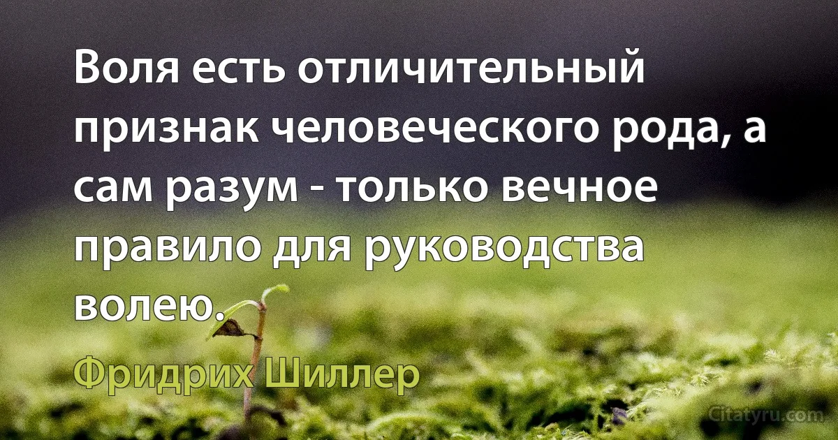 Воля есть отличительный признак человеческого рода, а сам разум - только вечное правило для руководства волею. (Фридрих Шиллер)