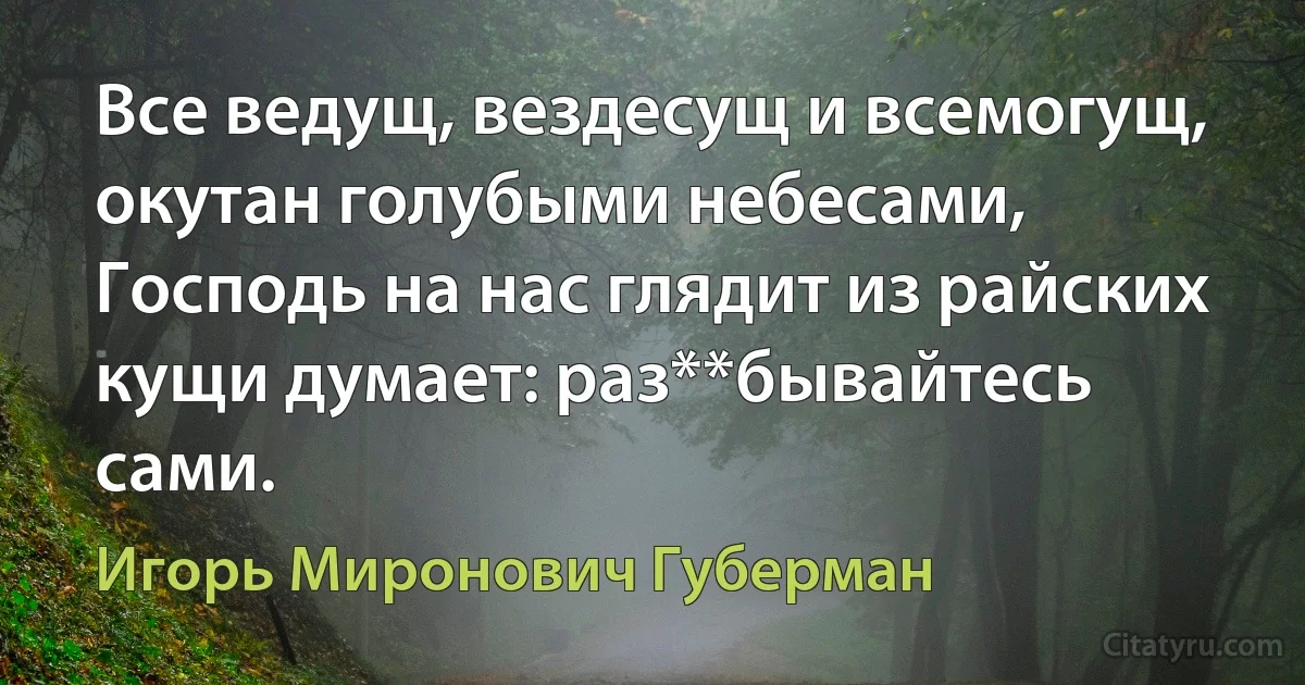 Все ведущ, вездесущ и всемогущ, окутан голубыми небесами, 
Господь на нас глядит из райских кущи думает: раз**бывайтесь сами. (Игорь Миронович Губерман)