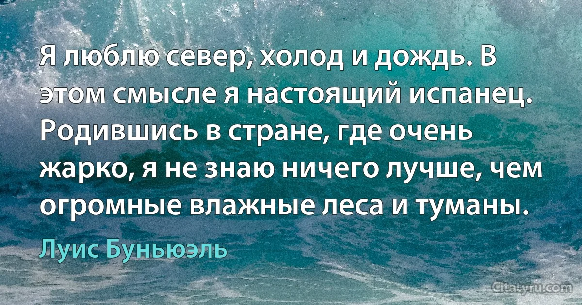 Я люблю север, холод и дождь. В этом смысле я настоящий испанец. Родившись в стране, где очень жарко, я не знаю ничего лучше, чем огромные влажные леса и туманы. (Луис Буньюэль)