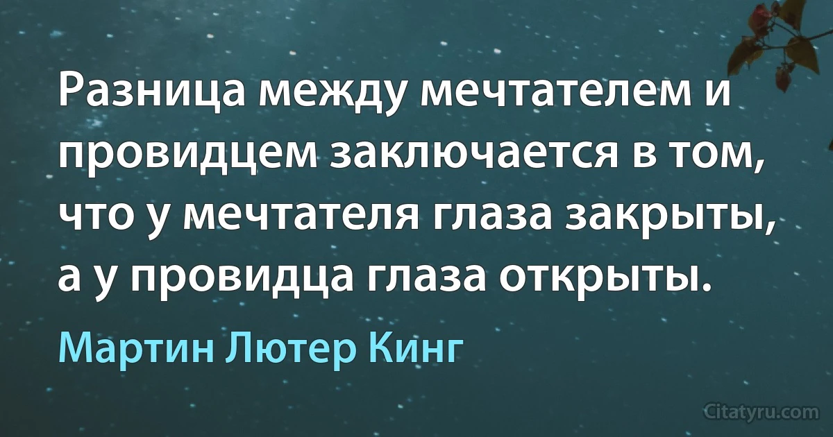 Разница между мечтателем и провидцем заключается в том, что у мечтателя глаза закрыты, а у провидца глаза открыты. (Мартин Лютер Кинг)