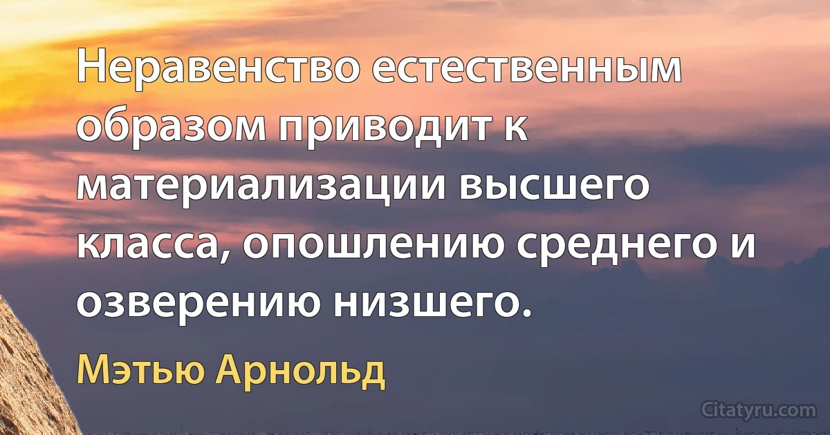 Неравенство естественным образом приводит к материализации высшего класса, опошлению среднего и озверению низшего. (Мэтью Арнольд)