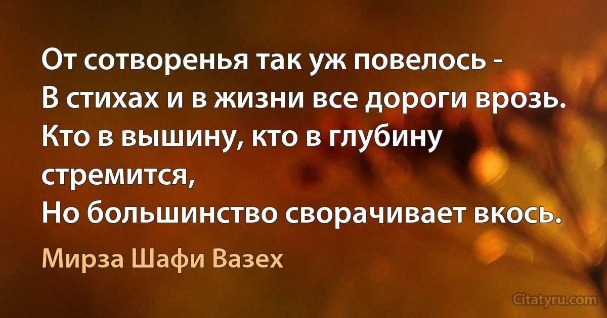 От сотворенья так уж повелось -
В стихах и в жизни все дороги врозь.
Кто в вышину, кто в глубину стремится,
Но большинство сворачивает вкось. (Мирза Шафи Вазех)