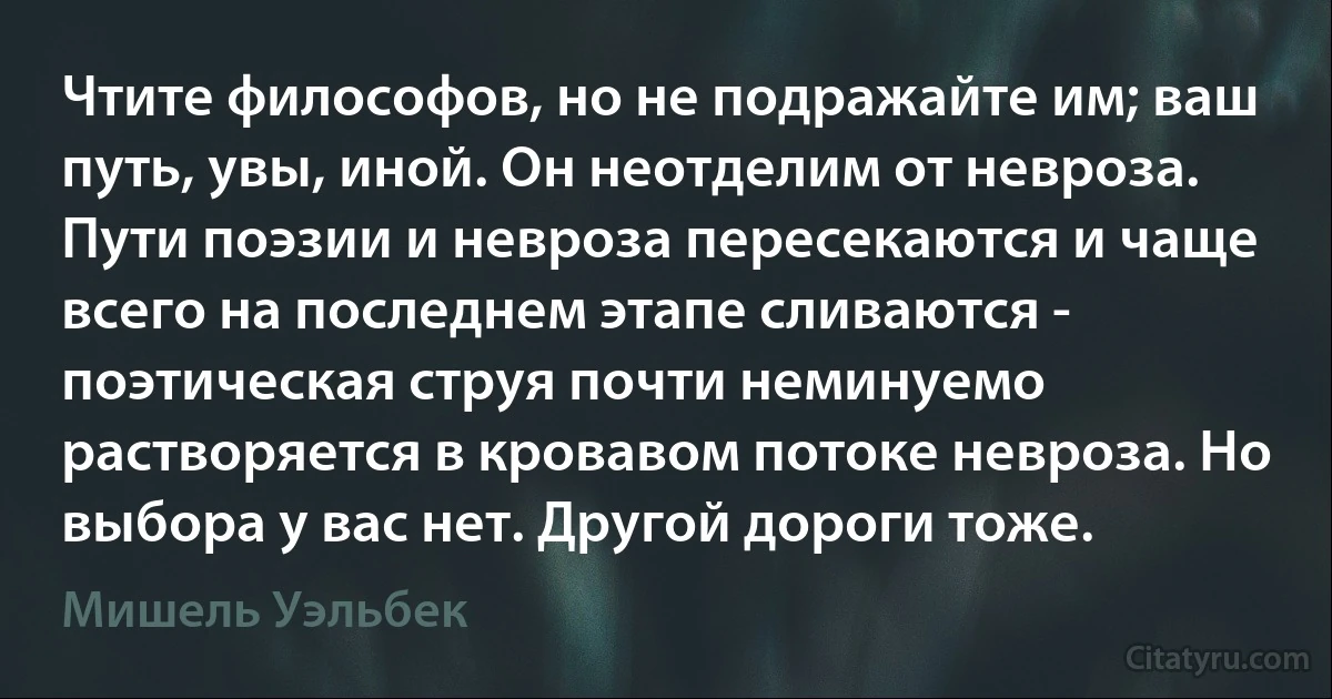 Чтите философов, но не подражайте им; ваш путь, увы, иной. Он неотделим от невроза. Пути поэзии и невроза пересекаются и чаще всего на последнем этапе сливаются - поэтическая струя почти неминуемо растворяется в кровавом потоке невроза. Но выбора у вас нет. Другой дороги тоже. (Мишель Уэльбек)