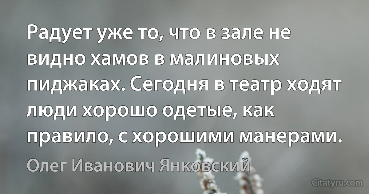 Радует уже то, что в зале не видно хамов в малиновых пиджаках. Сегодня в театр ходят люди хорошо одетые, как правило, с хорошими манерами. (Олег Иванович Янковский)