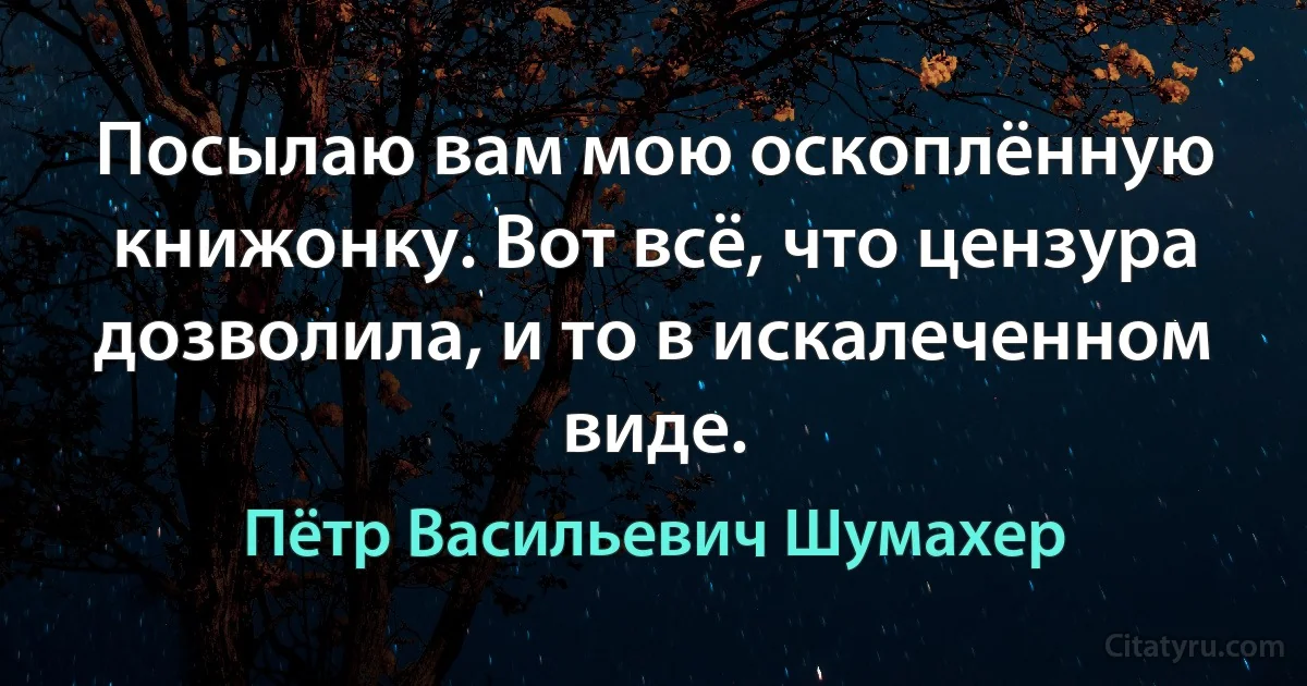 Посылаю вам мою оскоплённую книжонку. Вот всё, что цензура дозволила, и то в искалеченном виде. (Пётр Васильевич Шумахер)