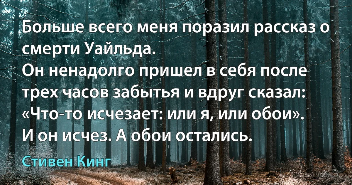 Больше всего меня поразил рассказ о смерти Уайльда.
Он ненадолго пришел в себя после трех часов забытья и вдруг сказал:
«Что-то исчезает: или я, или обои». И он исчез. А обои остались. (Стивен Кинг)