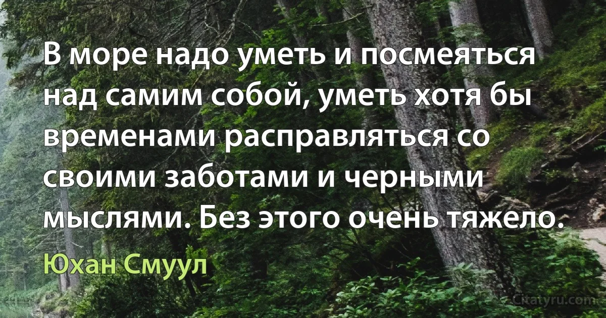 В море надо уметь и посмеяться над самим собой, уметь хотя бы временами расправляться со своими заботами и черными мыслями. Без этого очень тяжело. (Юхан Смуул)