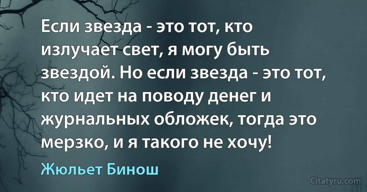 Если звезда - это тот, кто излучает свет, я могу быть звездой. Но если звезда - это тот, кто идет на поводу денег и журнальных обложек, тогда это мерзко, и я такого не хочу! (Жюльет Бинош)