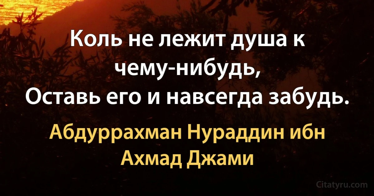 Коль не лежит душа к чему-нибудь,
Оставь его и навсегда забудь. (Абдуррахман Нураддин ибн Ахмад Джами)