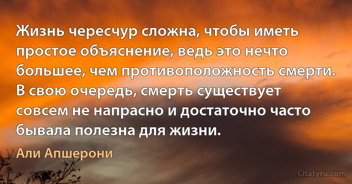 Жизнь чересчур сложна, чтобы иметь простое объяснение, ведь это нечто большее, чем противоположность смерти. В свою очередь, смерть существует совсем не напрасно и достаточно часто бывала полезна для жизни. (Али Апшерони)