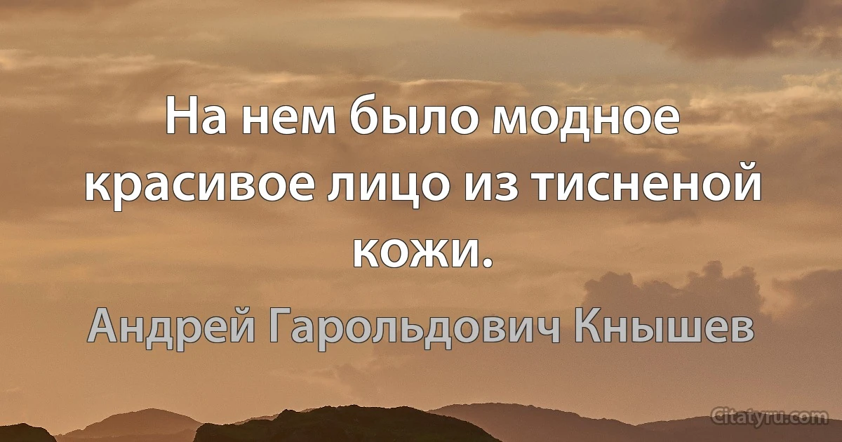 На нем было модное красивое лицо из тисненой кожи. (Андрей Гарольдович Кнышев)