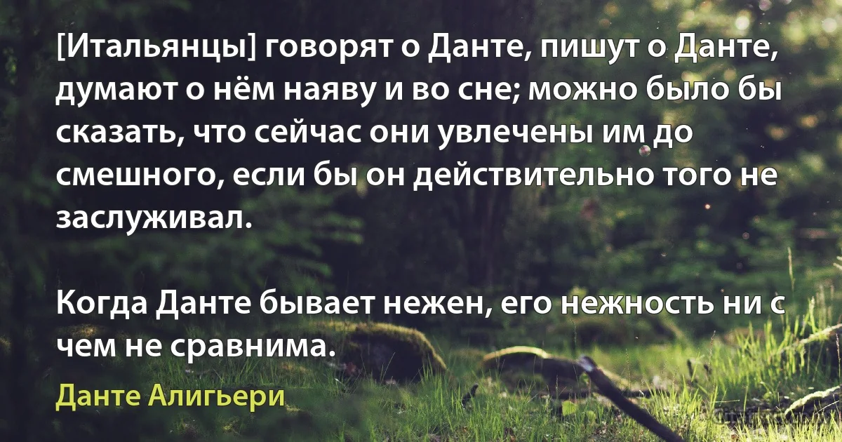 [Итальянцы] говорят о Данте, пишут о Данте, думают о нём наяву и во сне; можно было бы сказать, что сейчас они увлечены им до смешного, если бы он действительно того не заслуживал.

Когда Данте бывает нежен, его нежность ни с чем не сравнима. (Данте Алигьери)