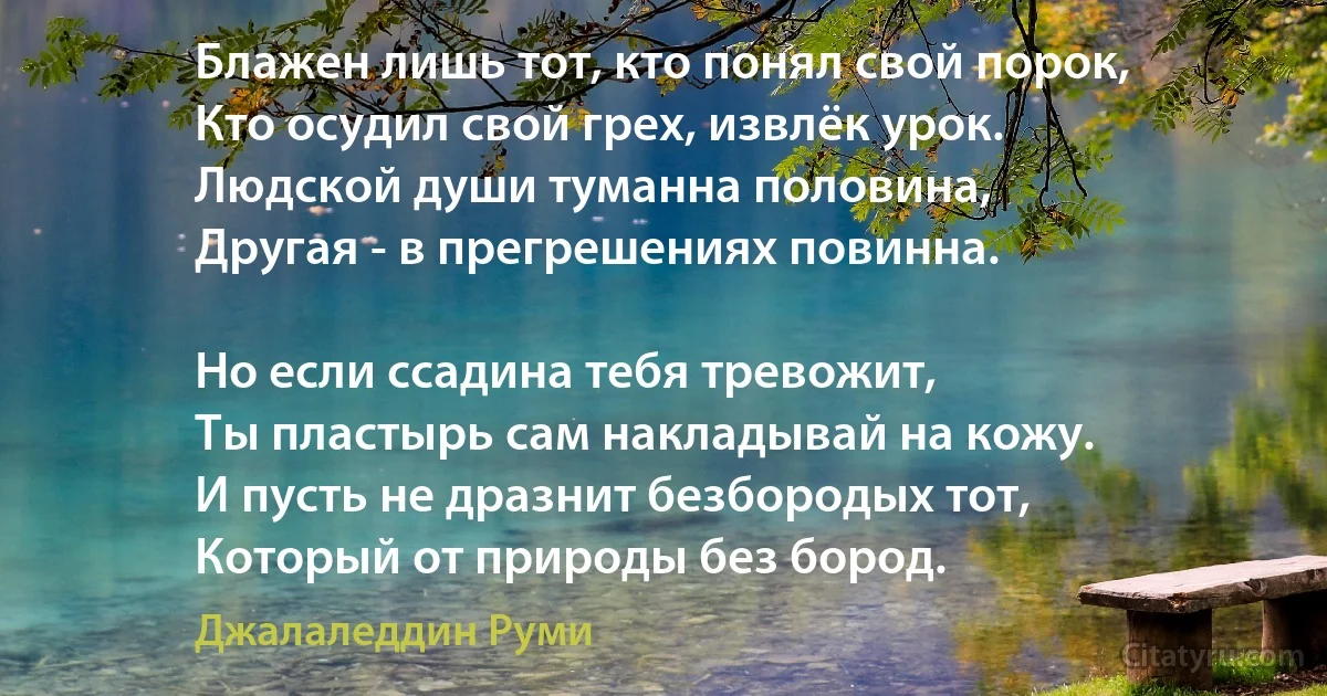 Блажен лишь тот, кто понял свой порок,
Кто осудил свой грех, извлёк урок.
Людской души туманна половина,
Другая - в прегрешениях повинна.

Но если ссадина тебя тревожит,
Ты пластырь сам накладывай на кожу.
И пусть не дразнит безбородых тот,
Который от природы без бород. (Джалаледдин Руми)