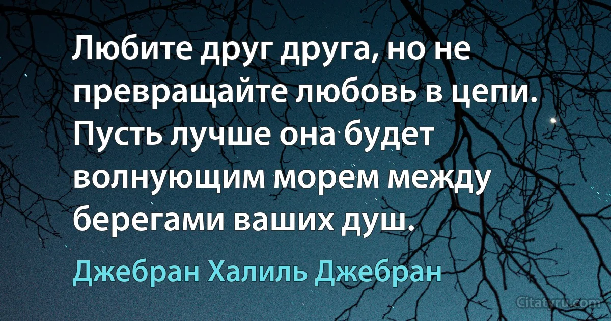 Любите друг друга, но не превращайте любовь в цепи. Пусть лучше она будет волнующим морем между берегами ваших душ. (Джебран Халиль Джебран)