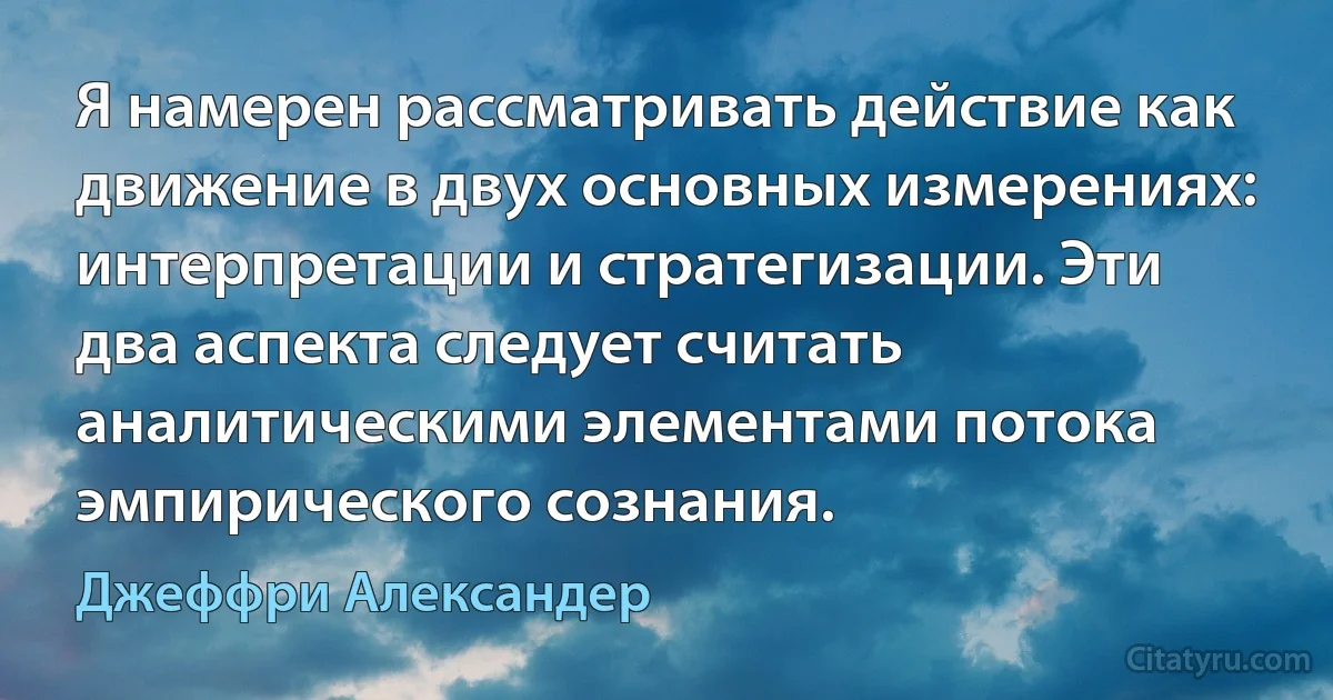 Я намерен рассматривать действие как движение в двух основных измерениях: интерпретации и стратегизации. Эти два аспекта следует считать аналитическими элементами потока эмпирического сознания. (Джеффри Александер)