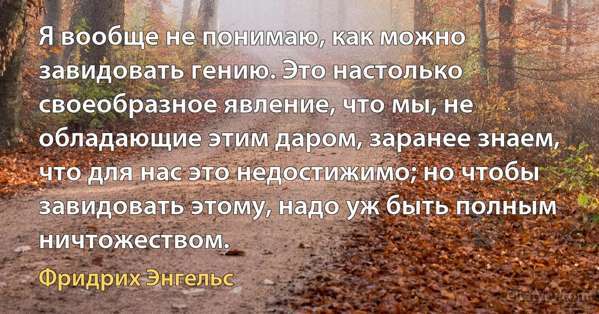 Я вообще не понимаю, как можно завидовать гению. Это настолько своеобразное явление, что мы, не обладающие этим даром, заранее знаем, что для нас это недостижимо; но чтобы завидовать этому, надо уж быть полным ничтожеством. (Фридрих Энгельс)