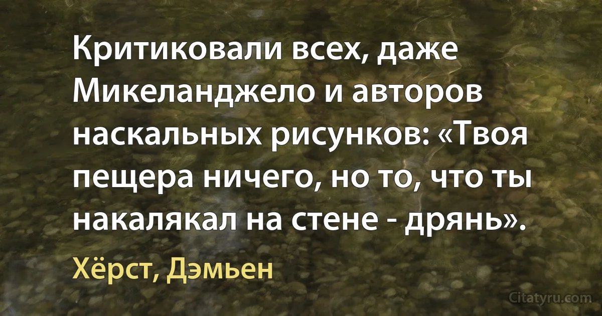 Критиковали всех, даже Микеланджело и авторов наскальных рисунков: «Твоя пещера ничего, но то, что ты накалякал на стене - дрянь». (Хёрст, Дэмьен)