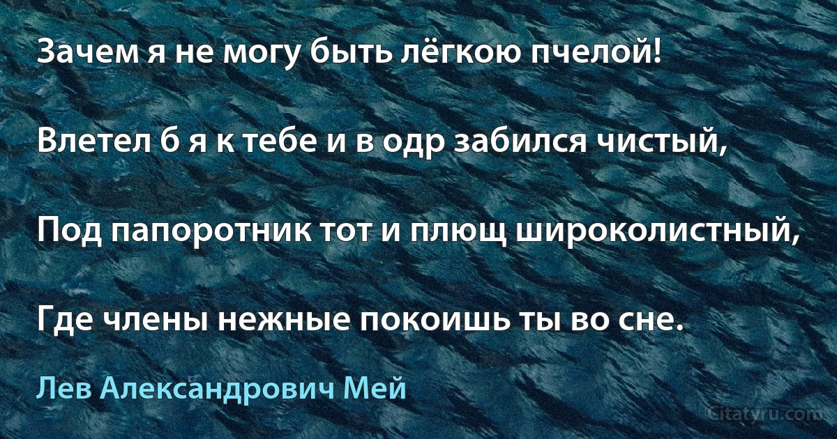 Зачем я не могу быть лёгкою пчелой!

Влетел б я к тебе и в одр забился чистый,

Под папоротник тот и плющ широколистный,

Где члены нежные покоишь ты во сне. (Лев Александрович Мей)