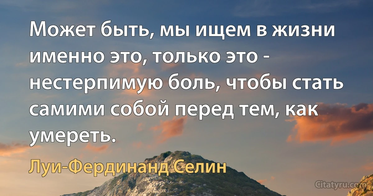 Может быть, мы ищем в жизни именно это, только это - нестерпимую боль, чтобы стать самими собой перед тем, как умереть. (Луи-Фердинанд Селин)