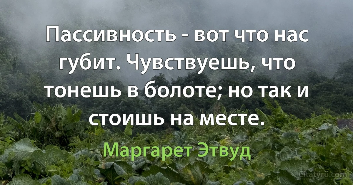 Пассивность - вот что нас губит. Чувствуешь, что тонешь в болоте; но так и стоишь на месте. (Маргарет Этвуд)