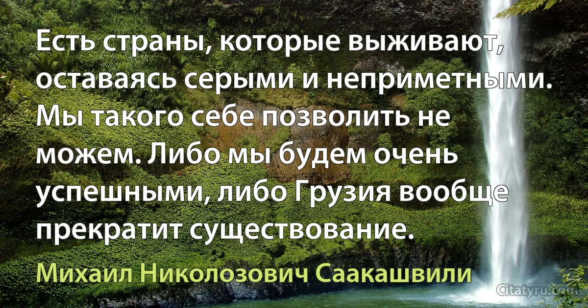 Есть страны, которые выживают, оставаясь серыми и неприметными. Мы такого себе позволить не можем. Либо мы будем очень успешными, либо Грузия вообще прекратит существование. (Михаил Николозович Саакашвили)