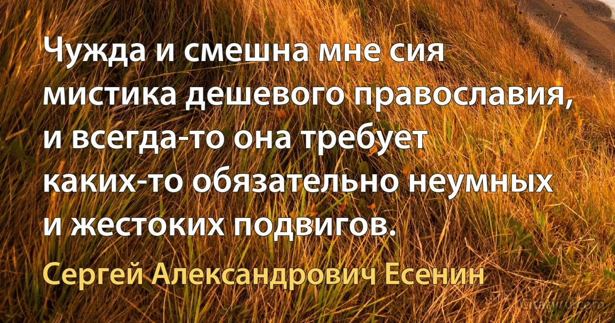 Чужда и смешна мне сия мистика дешевого православия, и всегда-то она требует каких-то обязательно неумных и жестоких подвигов. (Сергей Александрович Есенин)