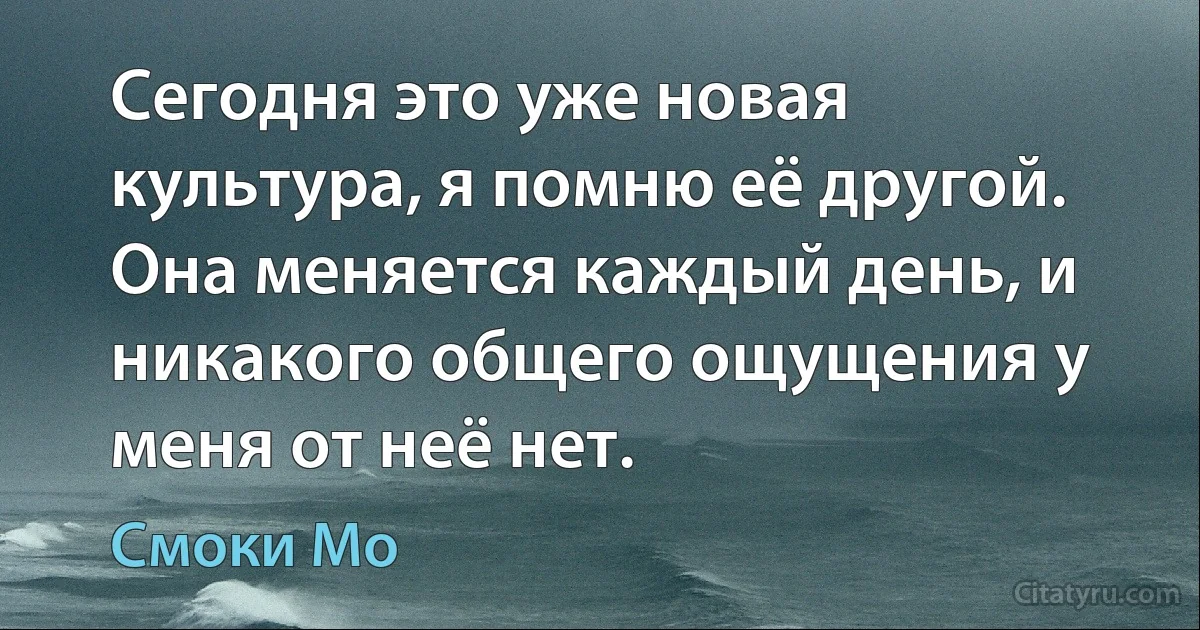 Сегодня это уже новая культура, я помню её другой. Она меняется каждый день, и никакого общего ощущения у меня от неё нет. (Смоки Мо)