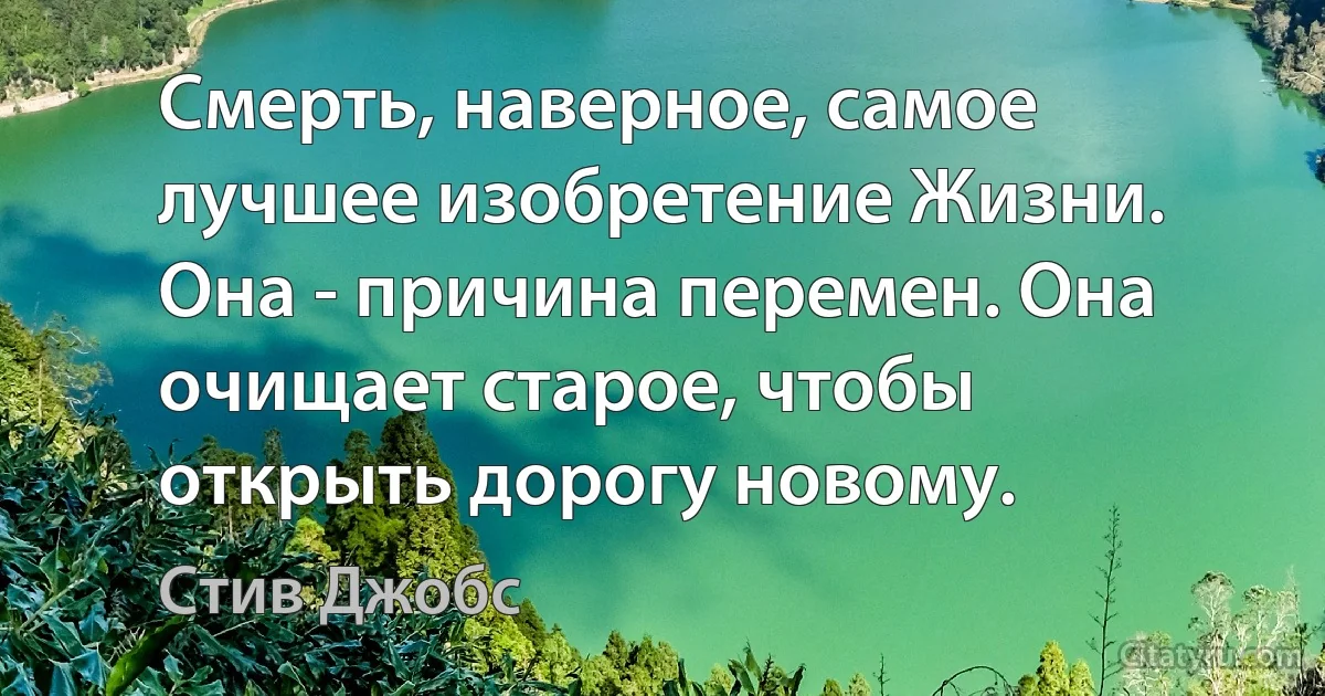 Смерть, наверное, самое лучшее изобретение Жизни. Она - причина перемен. Она очищает старое, чтобы открыть дорогу новому. (Стив Джобс)