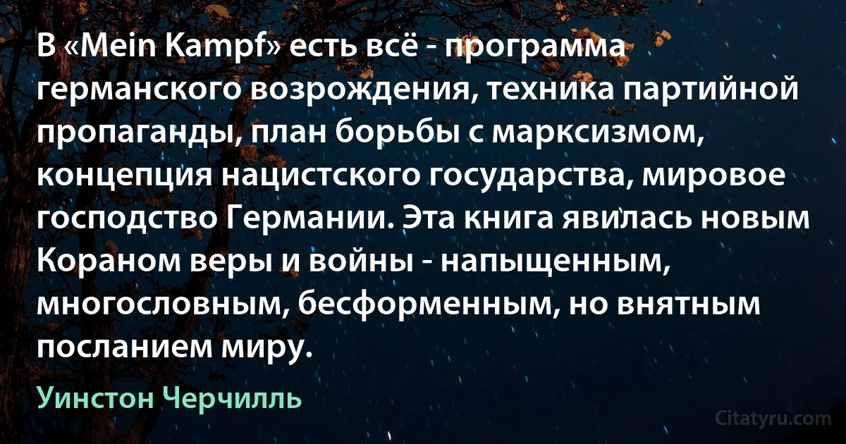 В «Mein Kampf» есть всё - программа германского возрождения, техника партийной пропаганды, план борьбы с марксизмом, концепция нацистского государства, мировое господство Германии. Эта книга явилась новым Кораном веры и войны - напыщенным, многословным, бесформенным, но внятным посланием миру. (Уинстон Черчилль)