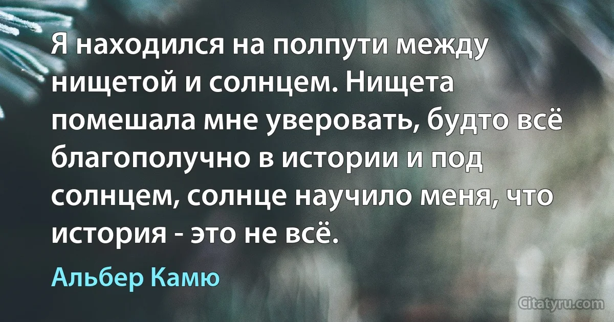 Я находился на полпути между нищетой и солнцем. Нищета помешала мне уверовать, будто всё благополучно в истории и под солнцем, солнце научило меня, что история - это не всё. (Альбер Камю)