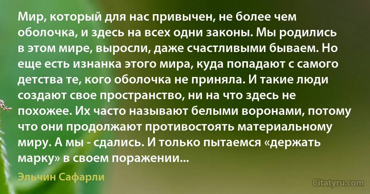 Мир, который для нас привычен, не более чем оболочка, и здесь на всех одни законы. Мы родились в этом мире, выросли, даже счастливыми бываем. Но еще есть изнанка этого мира, куда попадают с самого детства те, кого оболочка не приняла. И такие люди создают свое пространство, ни на что здесь не похожее. Их часто называют белыми воронами, потому что они продолжают противостоять материальному миру. А мы - сдались. И только пытаемся «держать марку» в своем поражении... (Эльчин Сафарли)