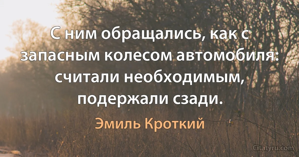 С ним обращались, как с запасным колесом автомобиля: считали необходимым, подержали сзади. (Эмиль Кроткий)