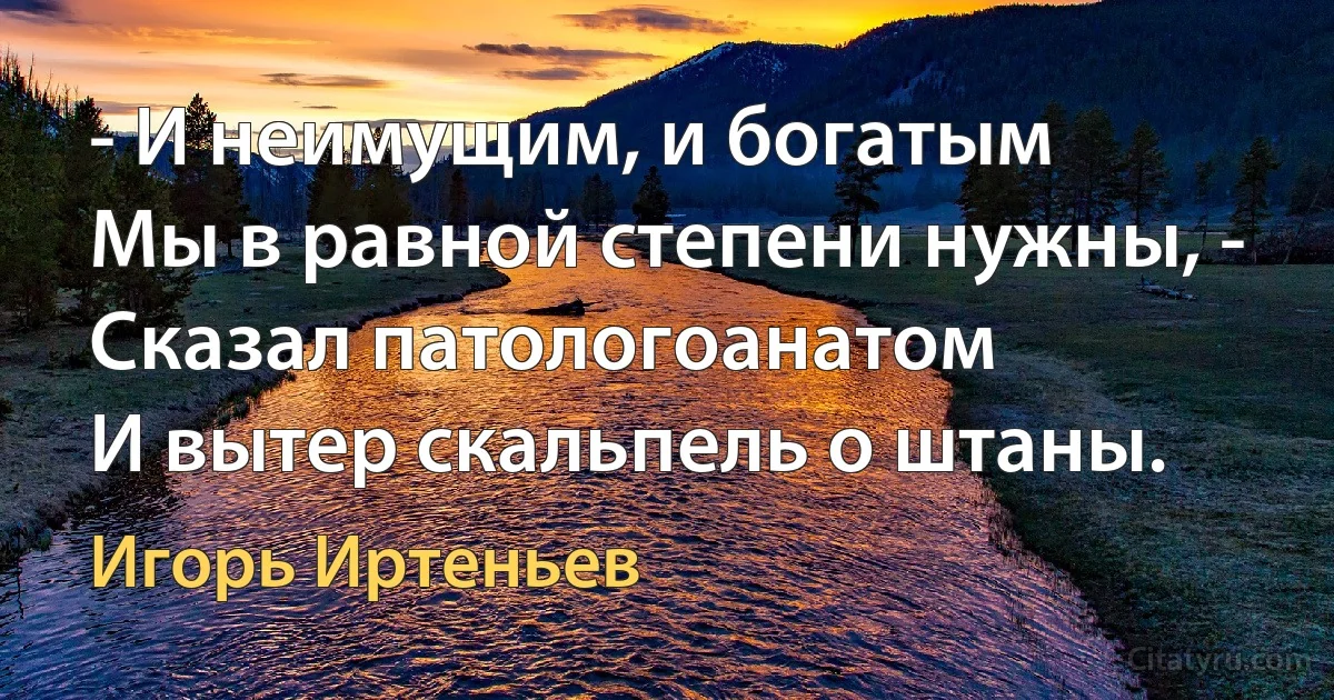 - И неимущим, и богатым
Мы в равной степени нужны, -
Сказал патологоанатом
И вытер скальпель о штаны. (Игорь Иртеньев)