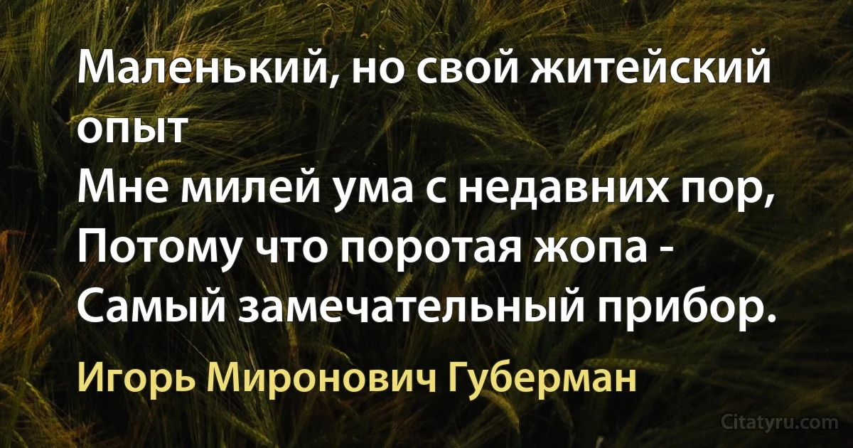 Маленький, но свой житейский опыт
Мне милей ума с недавних пор,
Потому что поротая жопа -
Самый замечательный прибор. (Игорь Миронович Губерман)