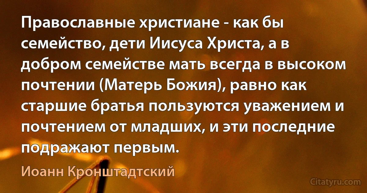 Православные христиане - как бы семейство, дети Иисуса Христа, а в добром семействе мать всегда в высоком почтении (Матерь Божия), равно как старшие братья пользуются уважением и почтением от младших, и эти последние подражают первым. (Иоанн Кронштадтский)