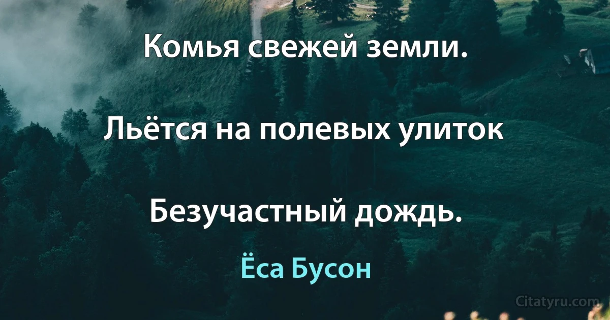 Комья свежей земли.

Льётся на полевых улиток

Безучастный дождь. (Ёса Бусон)