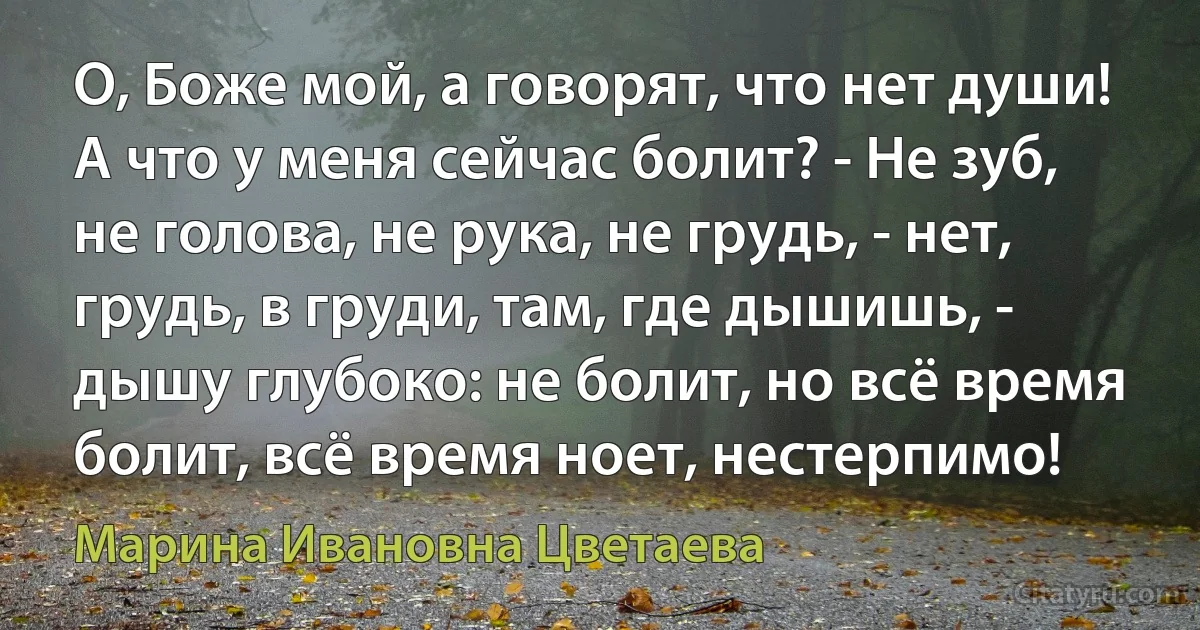 О, Боже мой, а говорят, что нет души! А что у меня сейчас болит? - Не зуб, не голова, не рука, не грудь, - нет, грудь, в груди, там, где дышишь, - дышу глубоко: не болит, но всё время болит, всё время ноет, нестерпимо! (Марина Ивановна Цветаева)