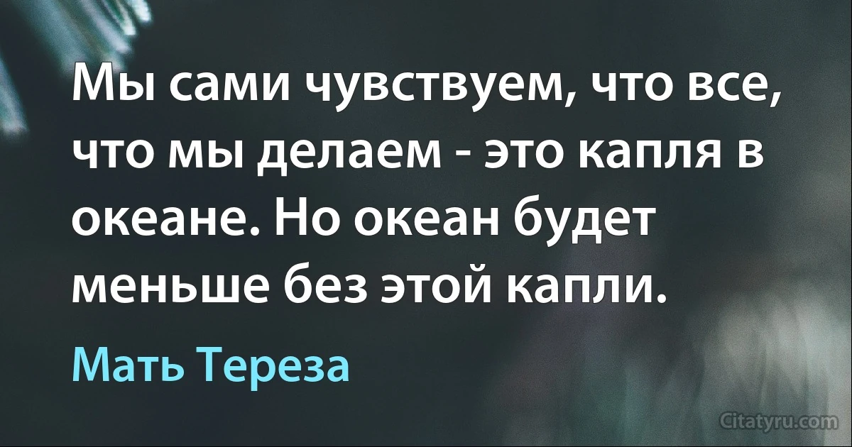 Мы сами чувствуем, что все, что мы делаем - это капля в океане. Но океан будет меньше без этой капли. (Мать Тереза)