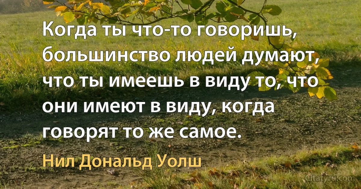 Когда ты что-то говоришь, большинство людей думают, что ты имеешь в виду то, что они имеют в виду, когда говорят то же самое. (Нил Дональд Уолш)