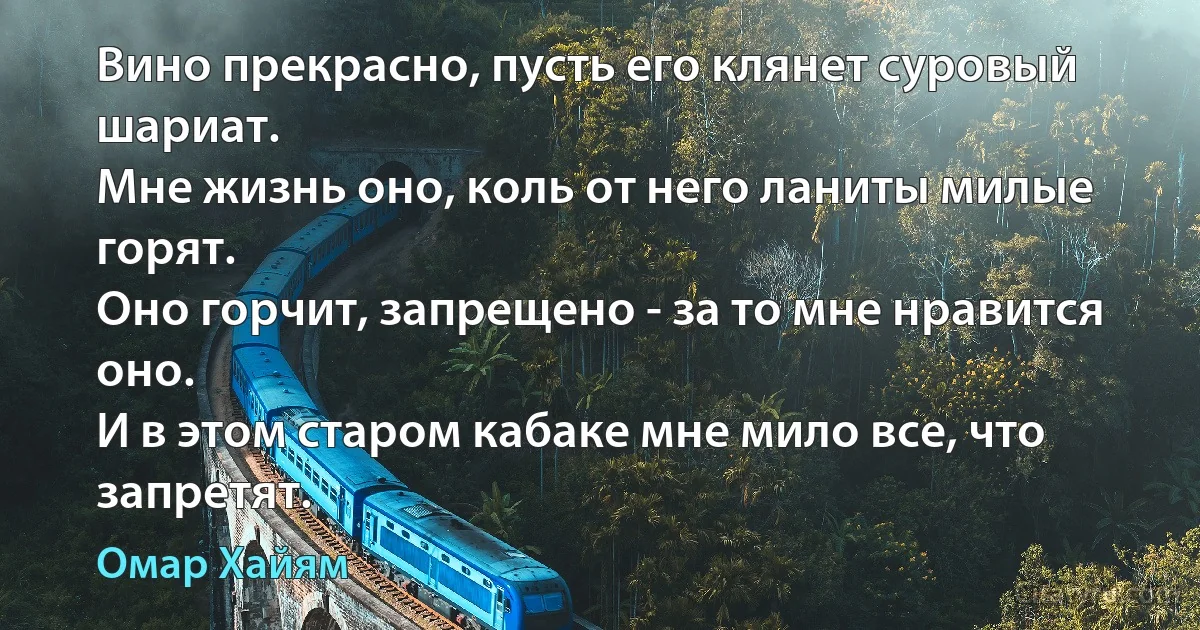 Вино прекрасно, пусть его клянет суровый шариат.
Мне жизнь оно, коль от него ланиты милые горят.
Оно горчит, запрещено - за то мне нравится оно.
И в этом старом кабаке мне мило все, что запретят. (Омар Хайям)