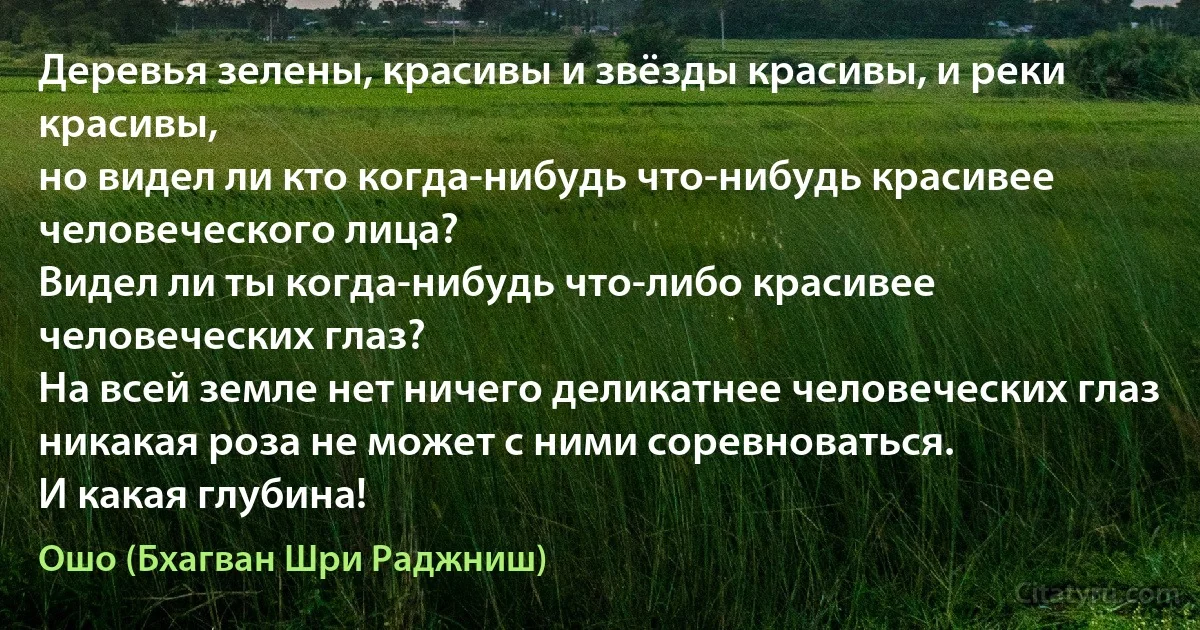 Деревья зелены, красивы и звёзды красивы, и реки красивы,
но видел ли кто когда-нибудь что-нибудь красивее человеческого лица?
Видел ли ты когда-нибудь что-либо красивее человеческих глаз?
На всей земле нет ничего деликатнее человеческих глаз
никакая роза не может с ними соревноваться.
И какая глубина! (Ошо (Бхагван Шри Раджниш))